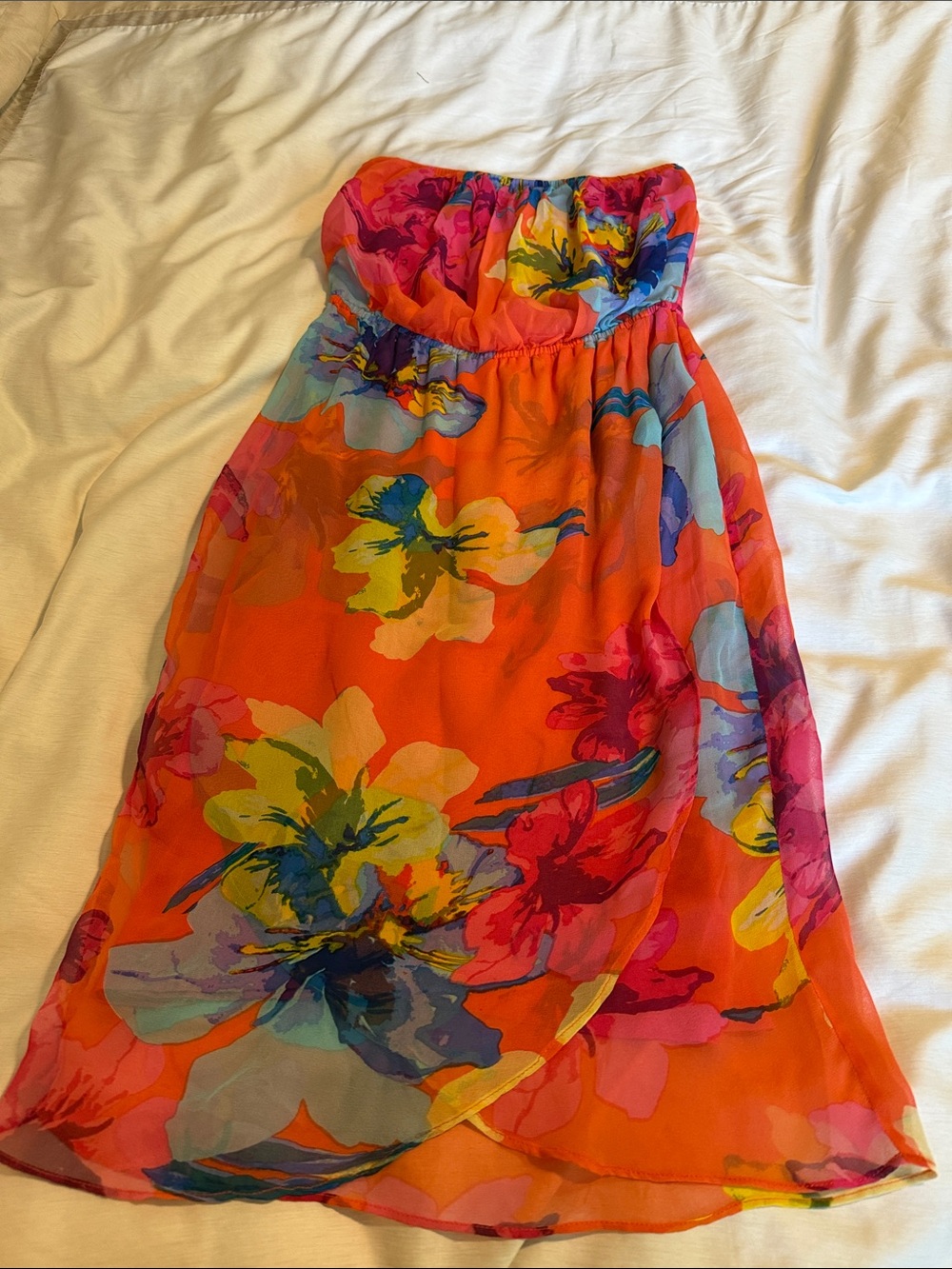 Ella Moss Silk Orange Floral Strapless Knee Length Dress